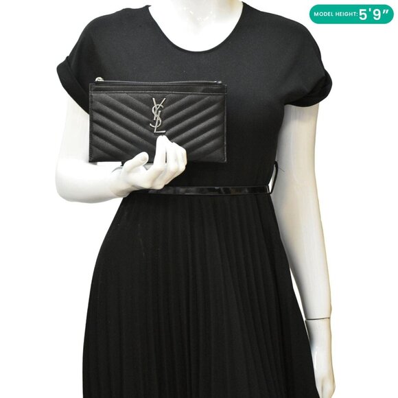 YVES SAINT LAURENT Monogram Bill Grain De Poudre Chevron Leather Zip Pouch Black - Picture 2 of 12